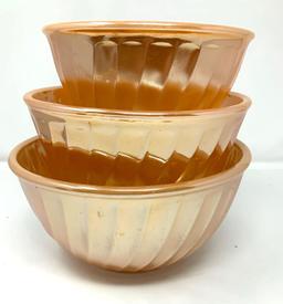 3 Piece Set Fire King Peach Lustre Swirl Mixing Bowls