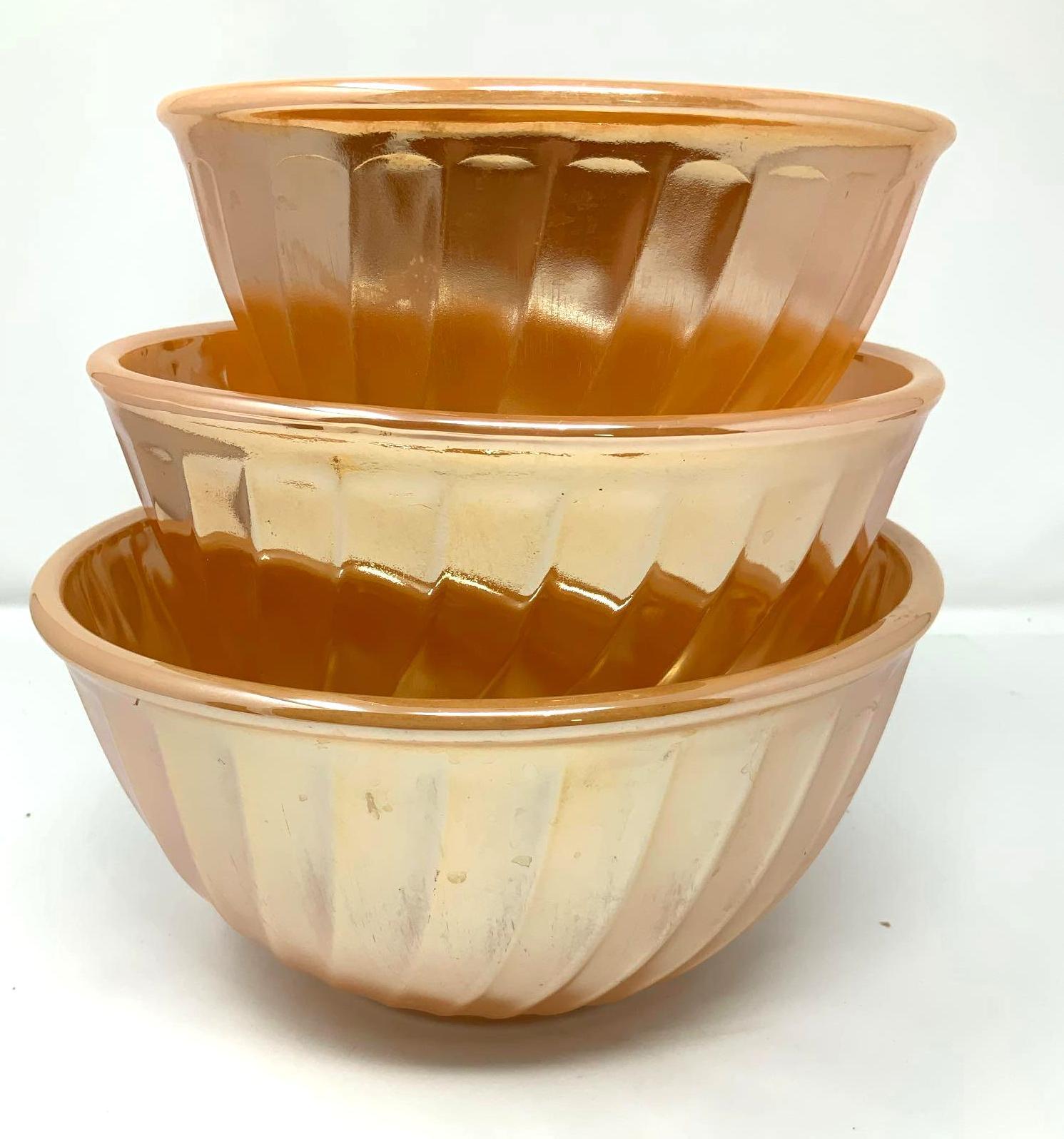 3 Piece Set Fire King Peach Lustre Swirl Mixing Bowls