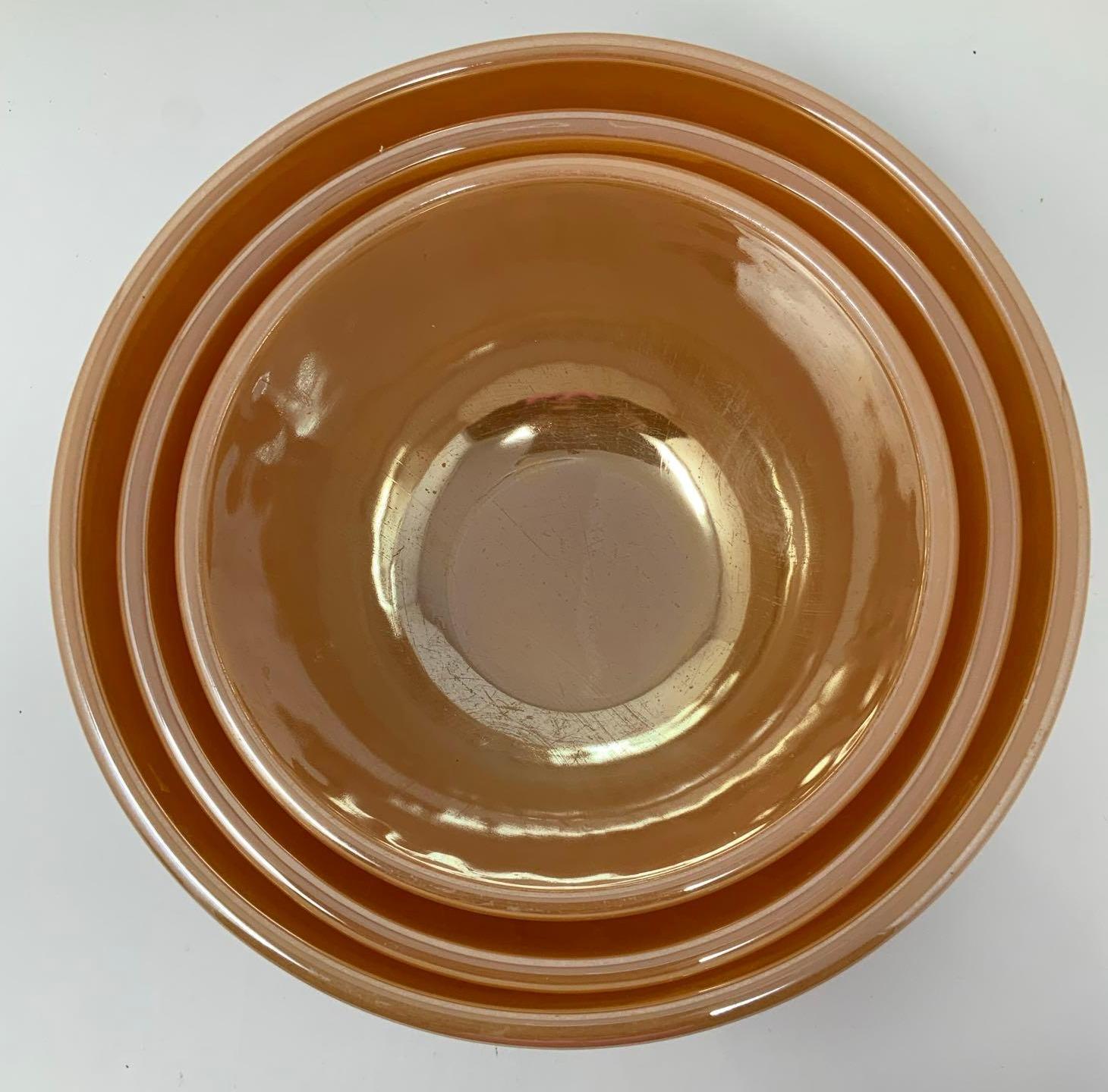 3 Piece Set Fire King Peach Lustre Swirl Mixing Bowls