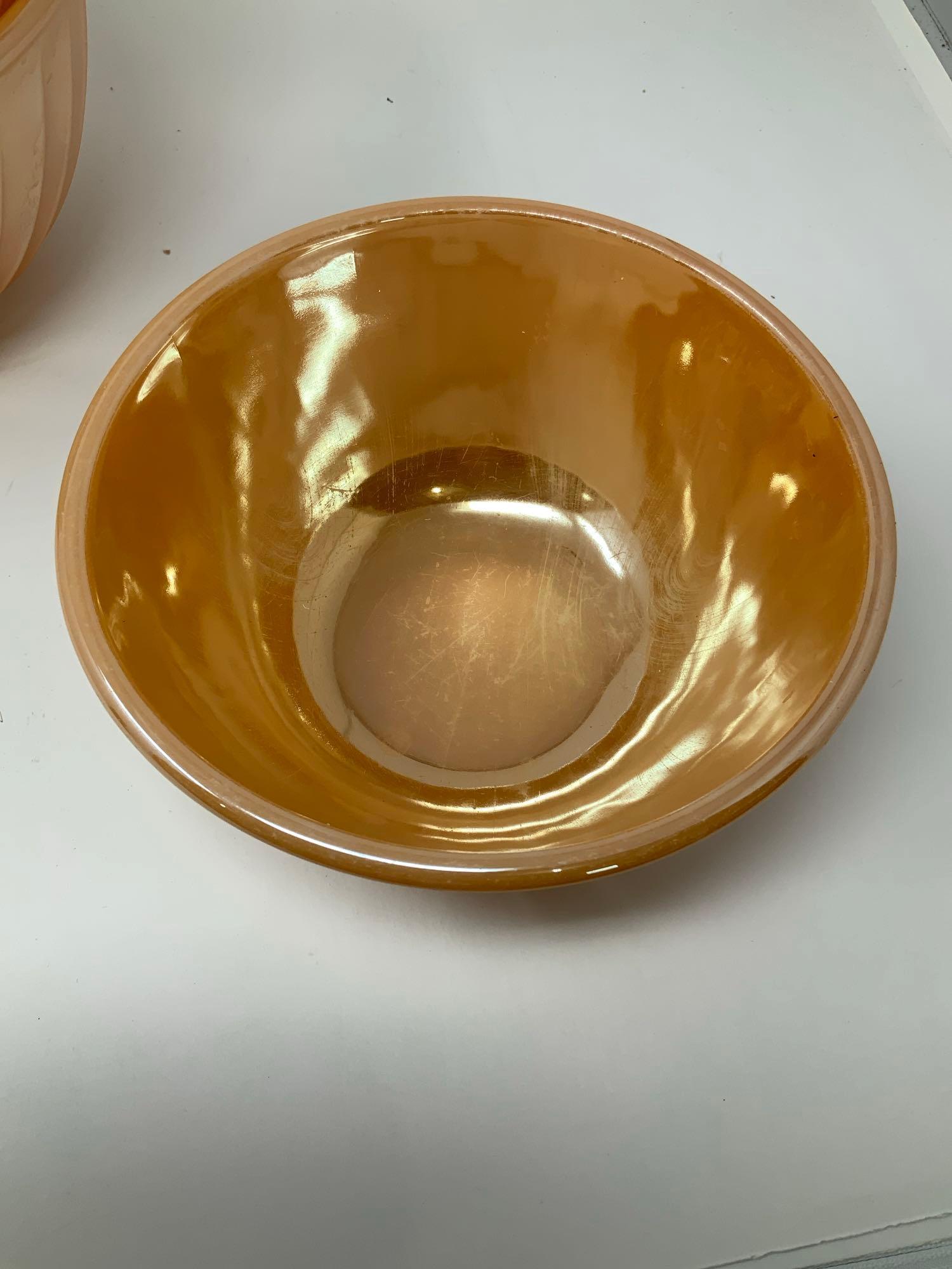3 Piece Set Fire King Peach Lustre Swirl Mixing Bowls