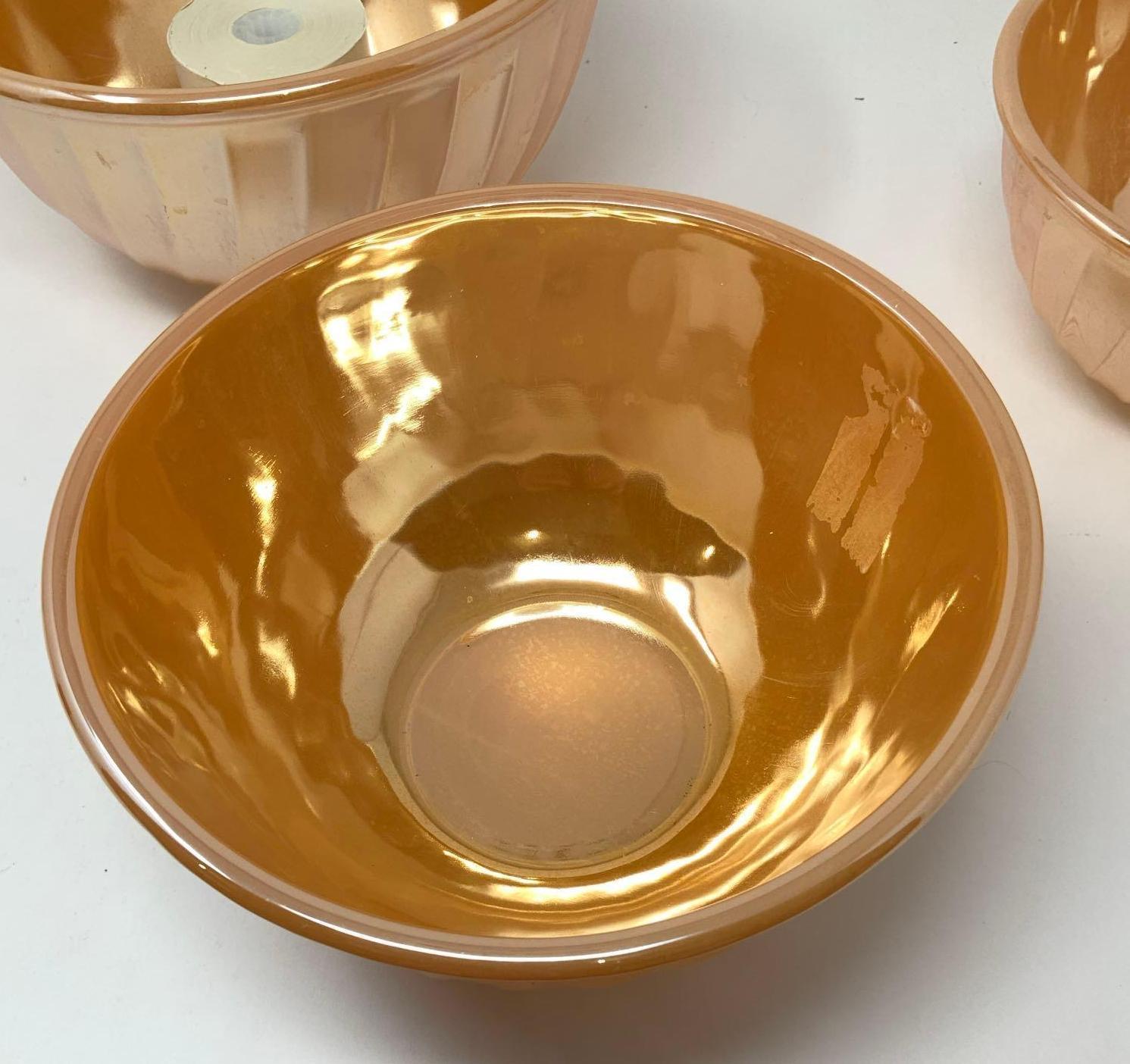 3 Piece Set Fire King Peach Lustre Swirl Mixing Bowls