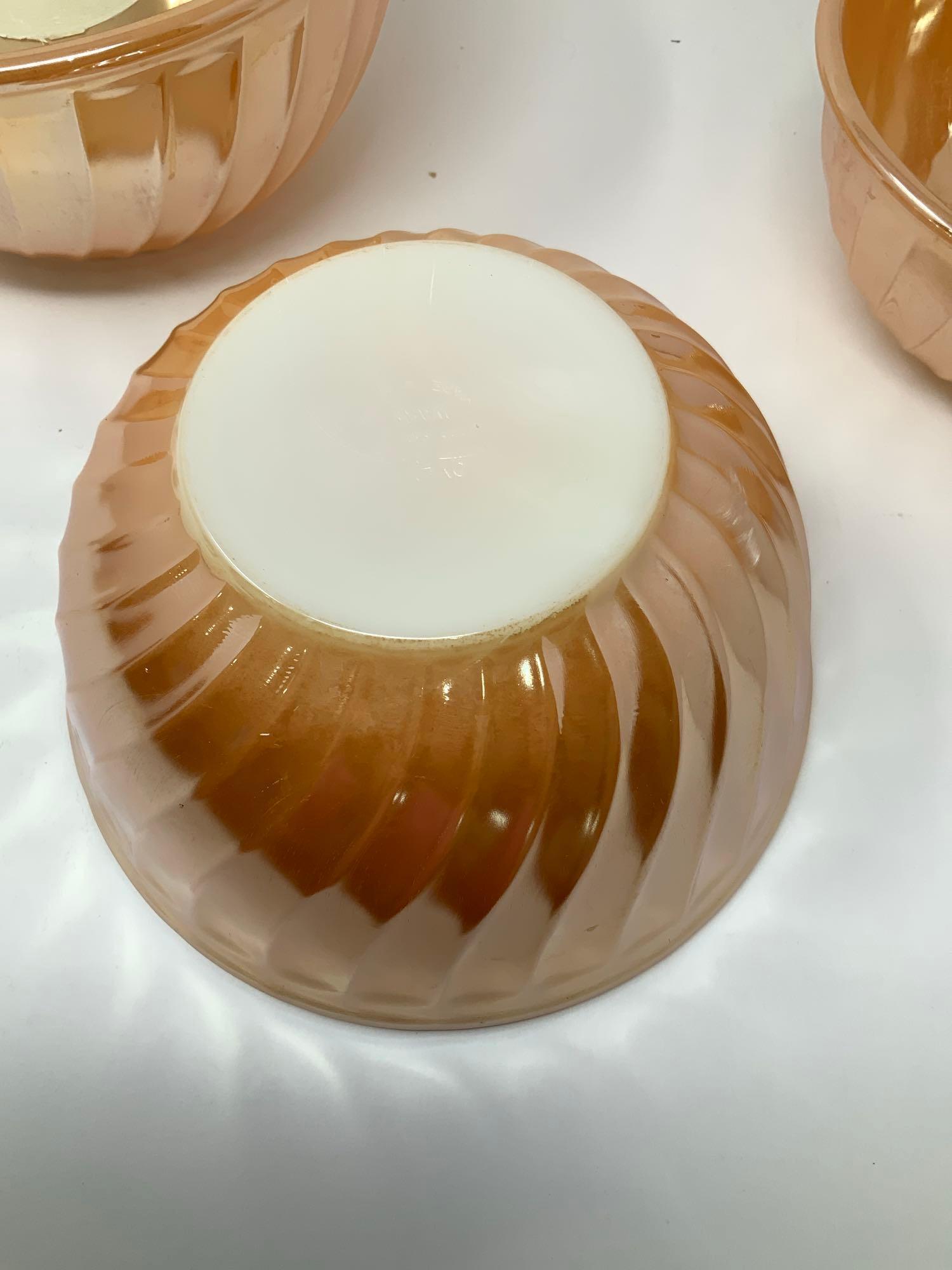 3 Piece Set Fire King Peach Lustre Swirl Mixing Bowls