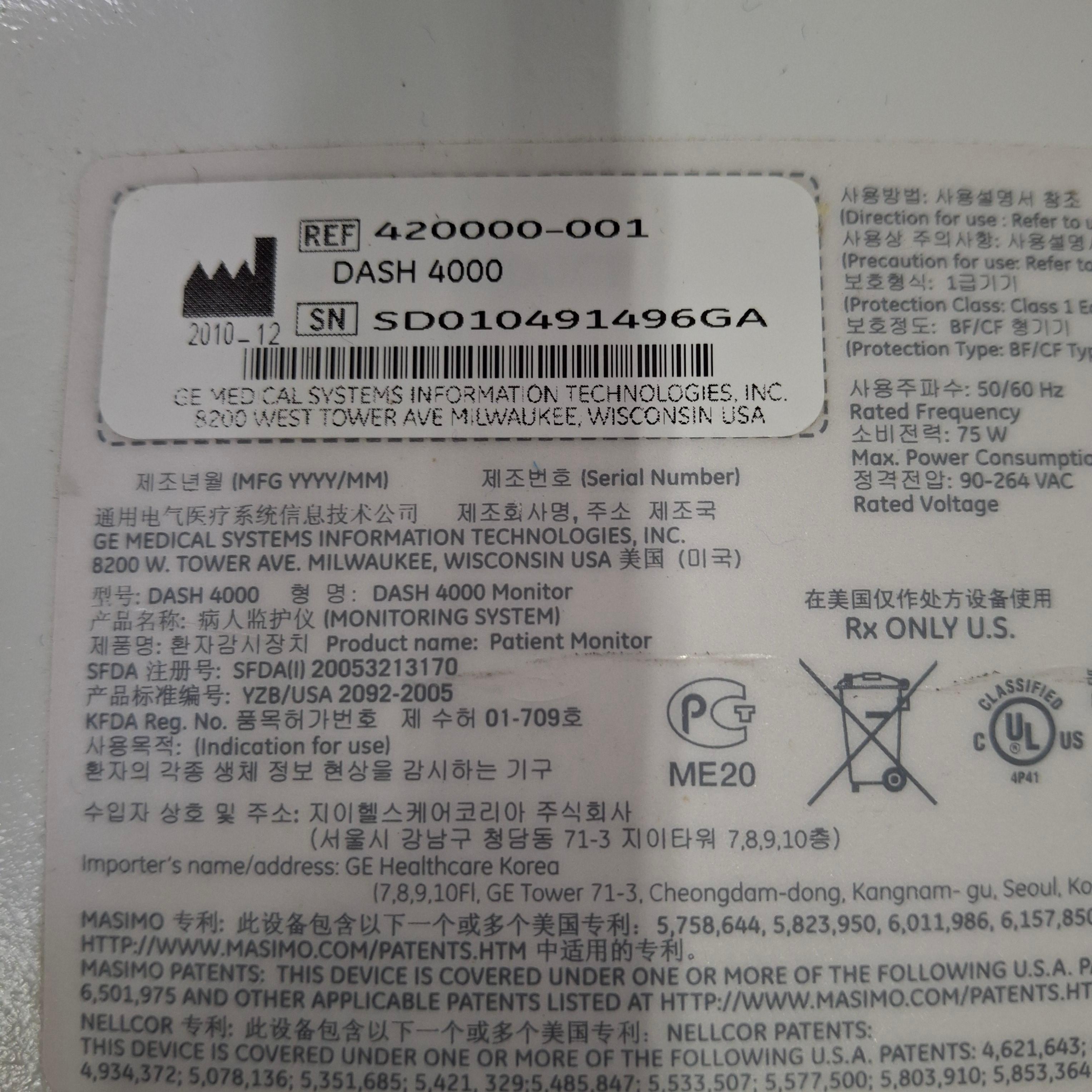 GE Healthcare Dash 4000 - Masimo SpO2 Patient Monitor - 463188