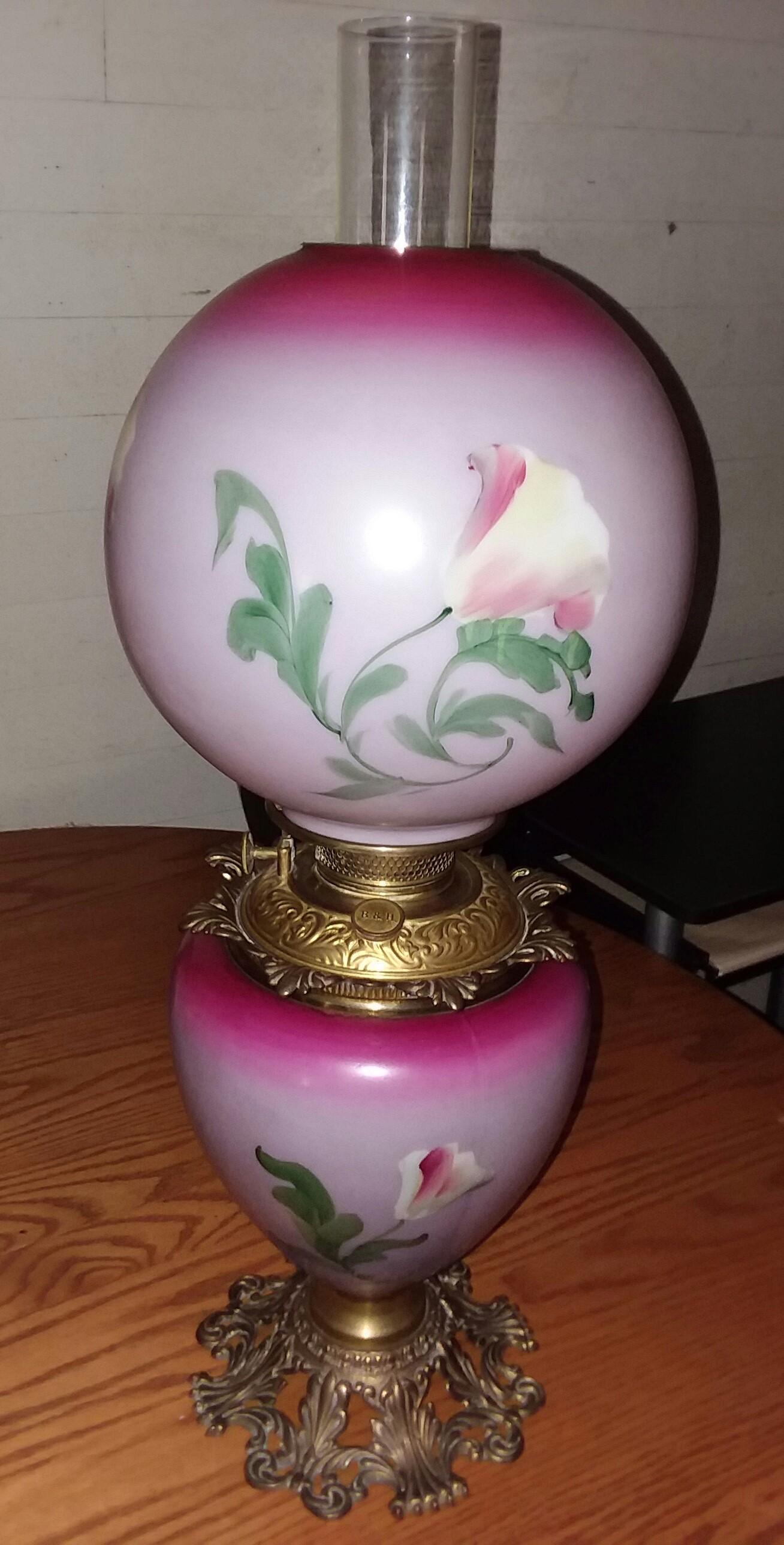Hand Painted Hurricane Oil Lamp w/ Floral Designs