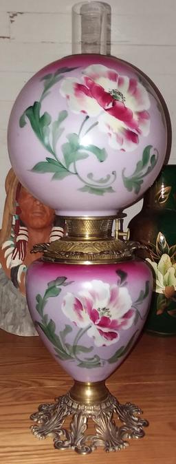 Hand Painted Hurricane Oil Lamp w/ Floral Designs