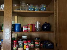 LARGE CABINET CONTENTS; SPICE JARS, CUPS, MISC