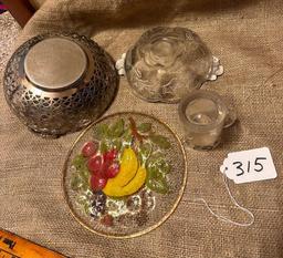 LOT OF 4 - GLASS FRUIT PLATTER, METAL BOWL, SILVER TRIMMED CLEAR DISH. & PITCHER (PITCHER CHIP)