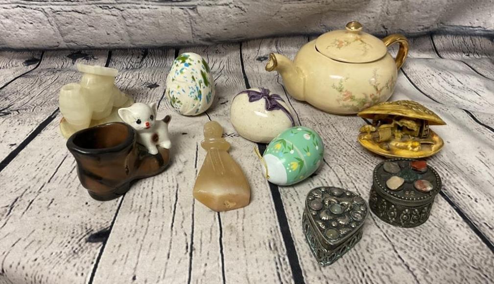 CERAMIC EGGS, SMALL METAL TRINKET BOXES, SHELL CARVING & MORE