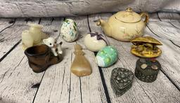 CERAMIC EGGS, SMALL METAL TRINKET BOXES, SHELL CARVING & MORE