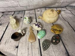 CERAMIC EGGS, SMALL METAL TRINKET BOXES, SHELL CARVING & MORE