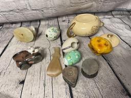 CERAMIC EGGS, SMALL METAL TRINKET BOXES, SHELL CARVING & MORE