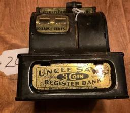 VINTAGE UNCLE SAMS 3 COIN REGISTER BANK