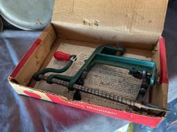 VINTAGE 1915 MEINECKE BED WARMER SALINE SOLUTION HEATER, WHITE MOUNTAIN APPLE PARER CORER IN BOX &
