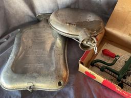 VINTAGE 1915 MEINECKE BED WARMER SALINE SOLUTION HEATER, WHITE MOUNTAIN APPLE PARER CORER IN BOX &