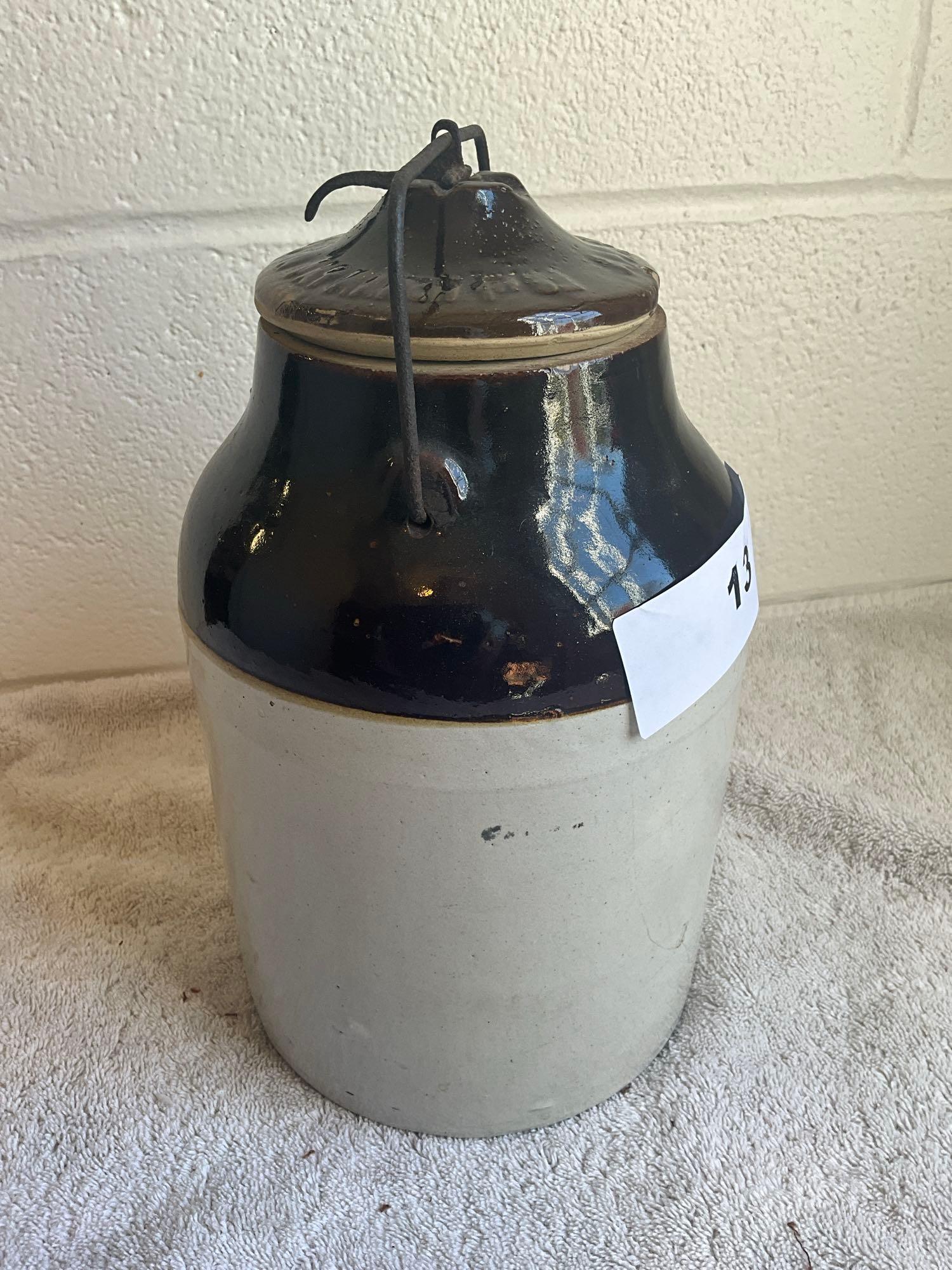 unmarked 1 gal. crock jug w/bailed lid