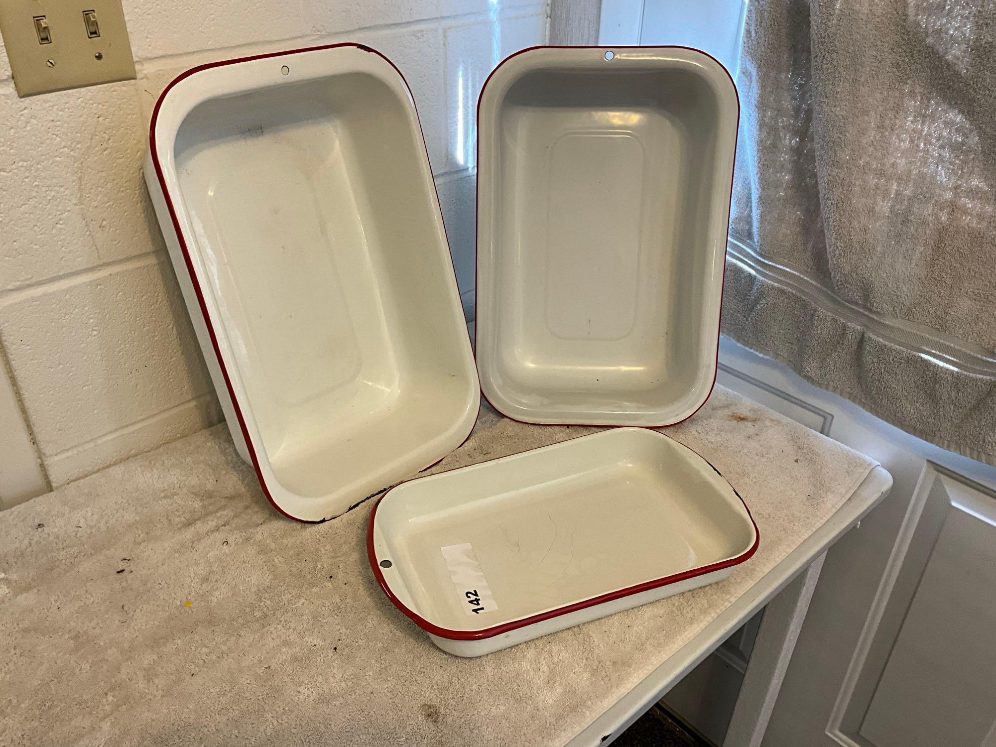 (2) white w/red enamel rectangular wash basins, (1)white w/red enamel casserole