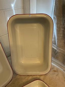 (2) white w/red enamel rectangular wash basins, (1)white w/red enamel casserole