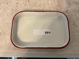 (2) white w/red enamel rectangular wash basins, (1)white w/red enamel casserole