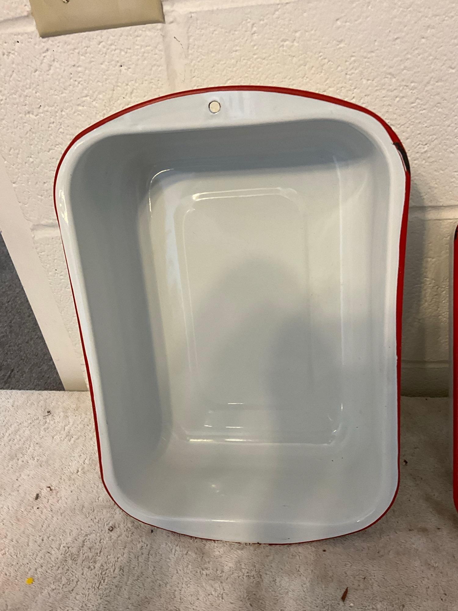 (2) white w/red enamel rectangular wash basins, (1)white w/red enamel casserole