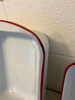 (2) white w/red enamel rectangular wash basins, (1)white w/red enamel casserole