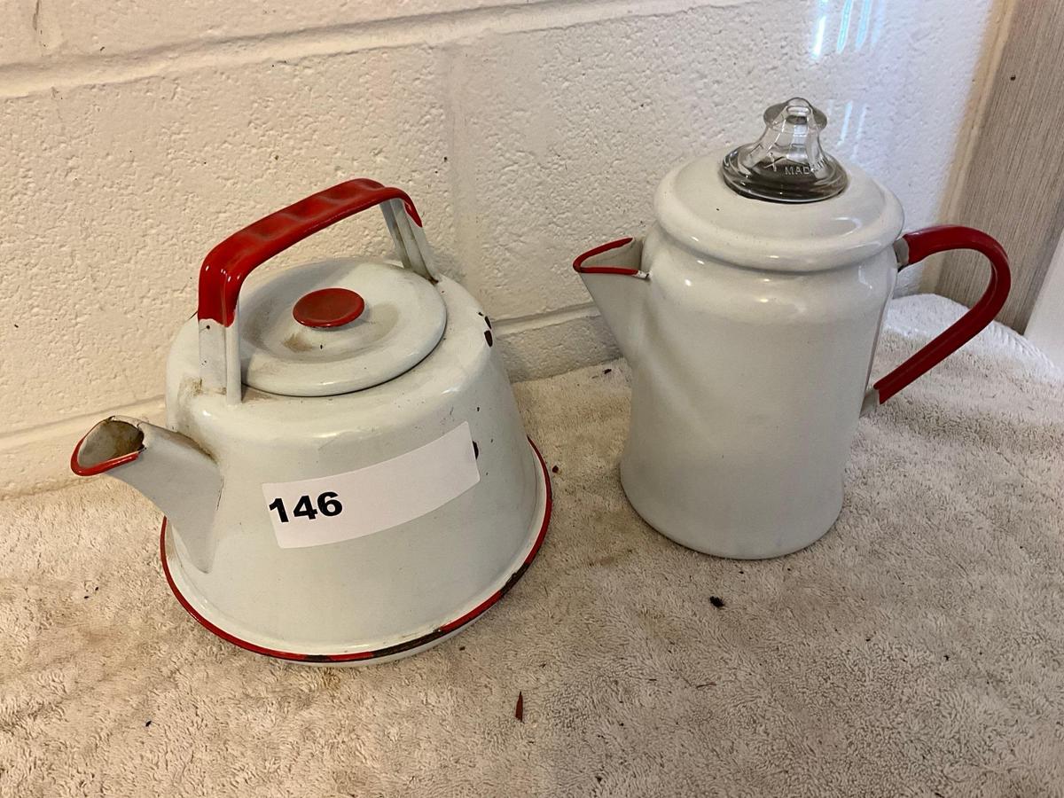 white w/red enamel coffee pot & white w/red enamel tea pot