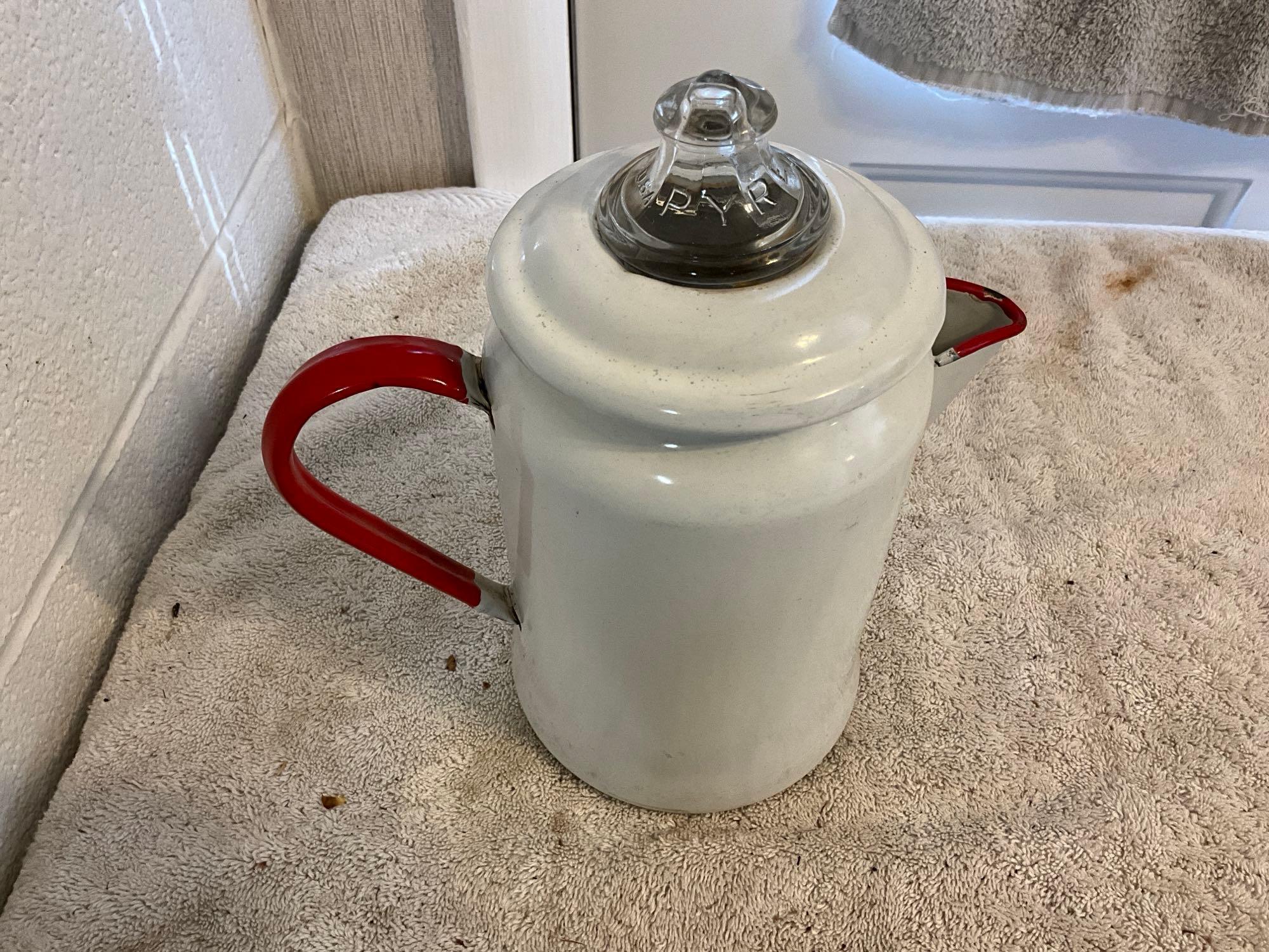 white w/red enamel coffee pot & white w/red enamel tea pot