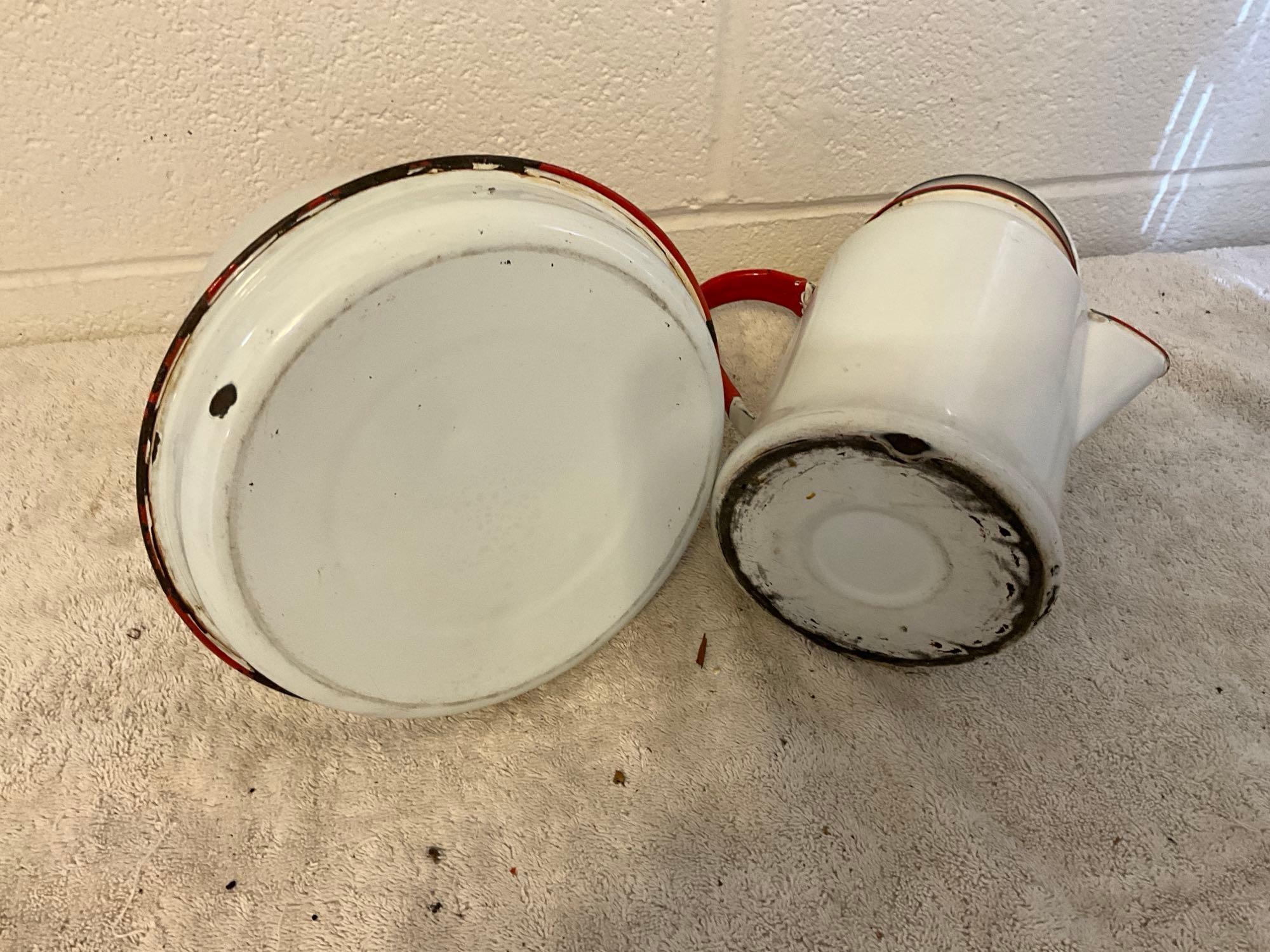 white w/red enamel coffee pot & white w/red enamel tea pot