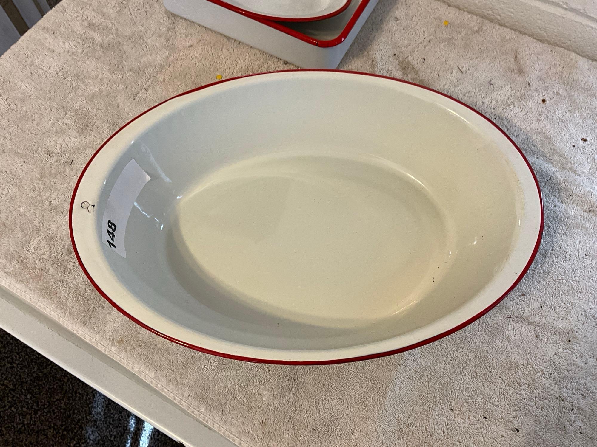 white w/red enamel wash basin, casserole, & plate