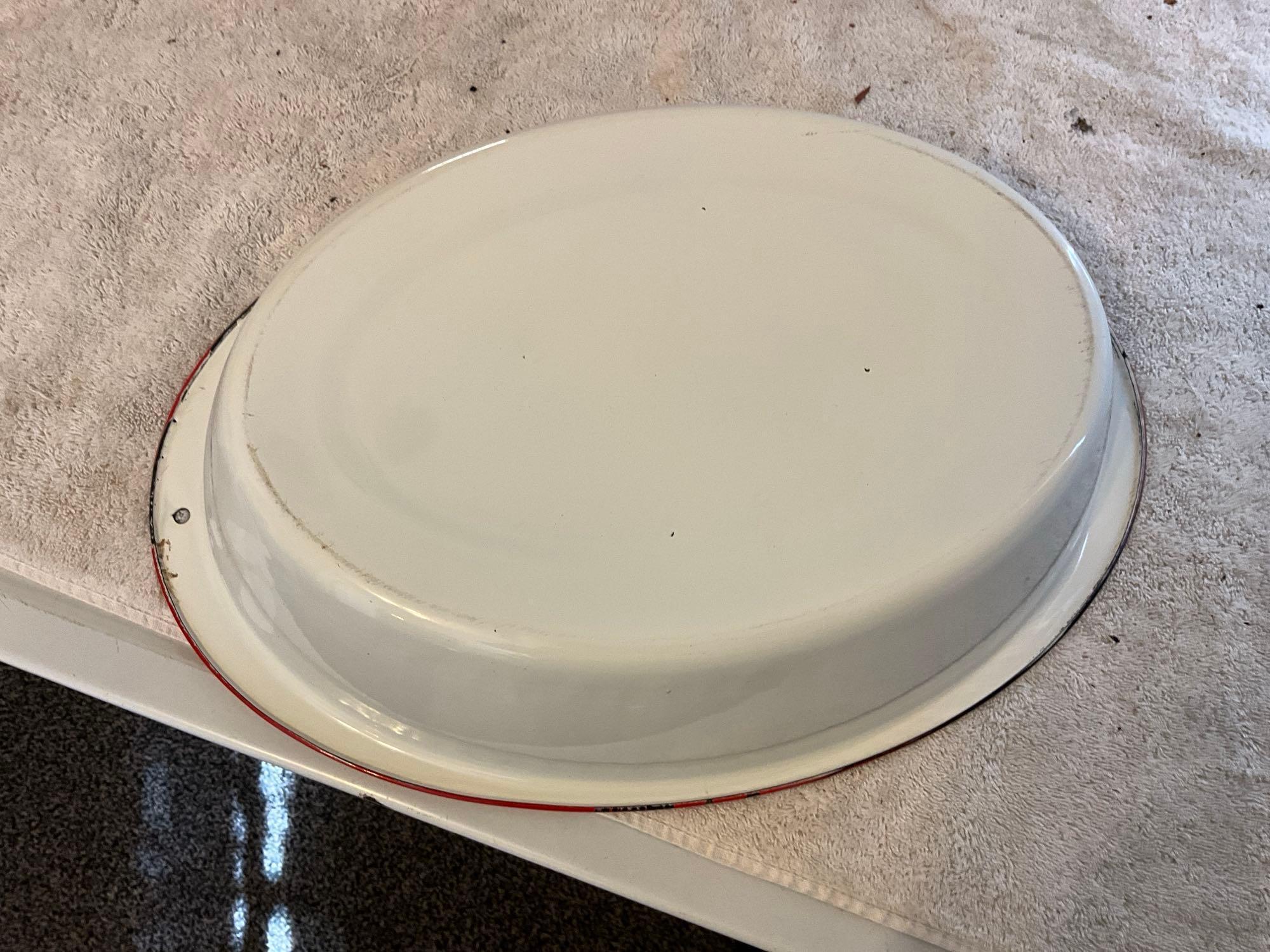 white w/red enamel wash basin, casserole, & plate