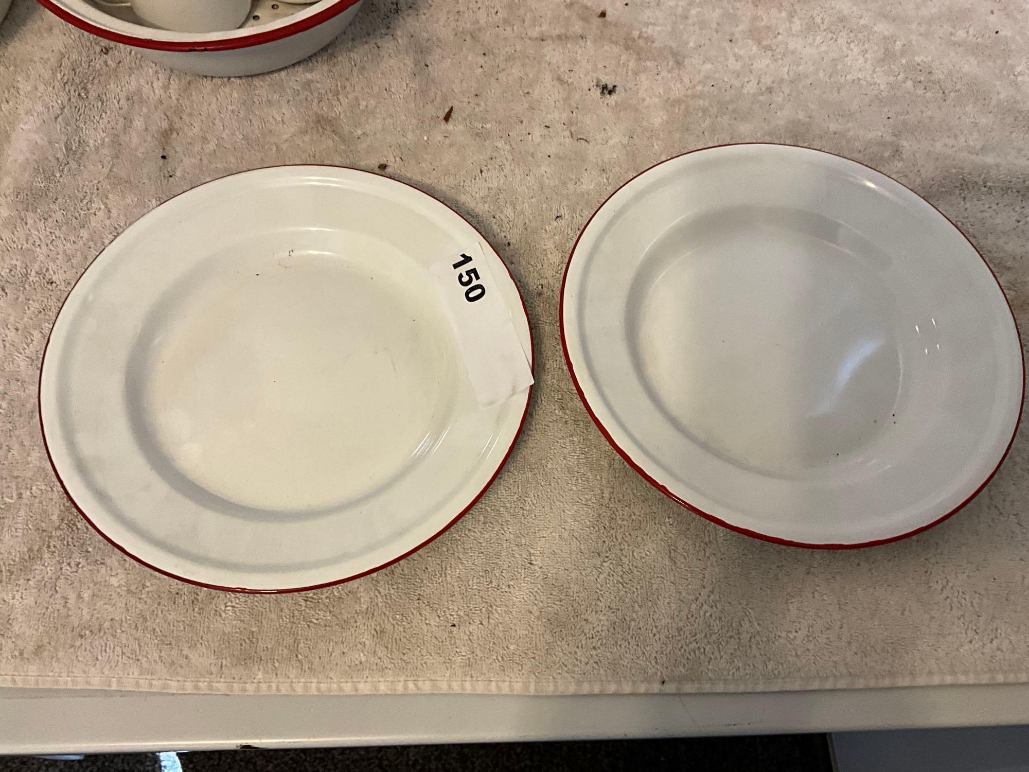 assortment of white w/red enamel skillet, plates, cups, & bowls