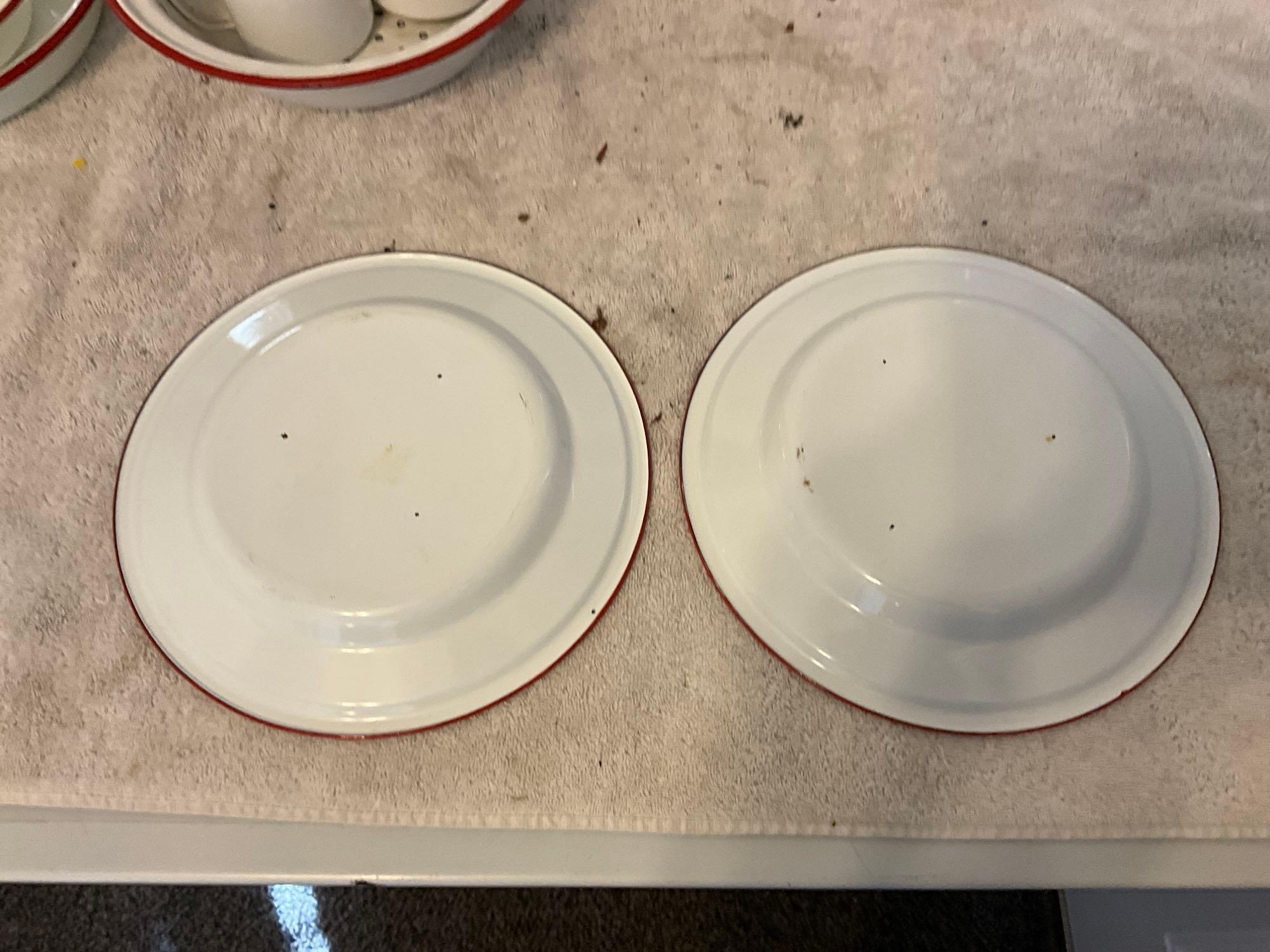 assortment of white w/red enamel skillet, plates, cups, & bowls