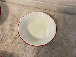 assortment of white w/red enamel skillet, plates, cups, & bowls