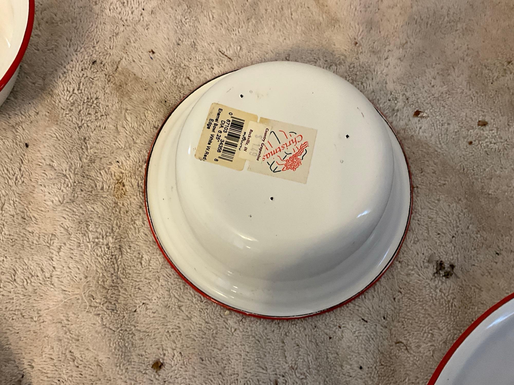 assortment of white w/red enamel skillet, plates, cups, & bowls