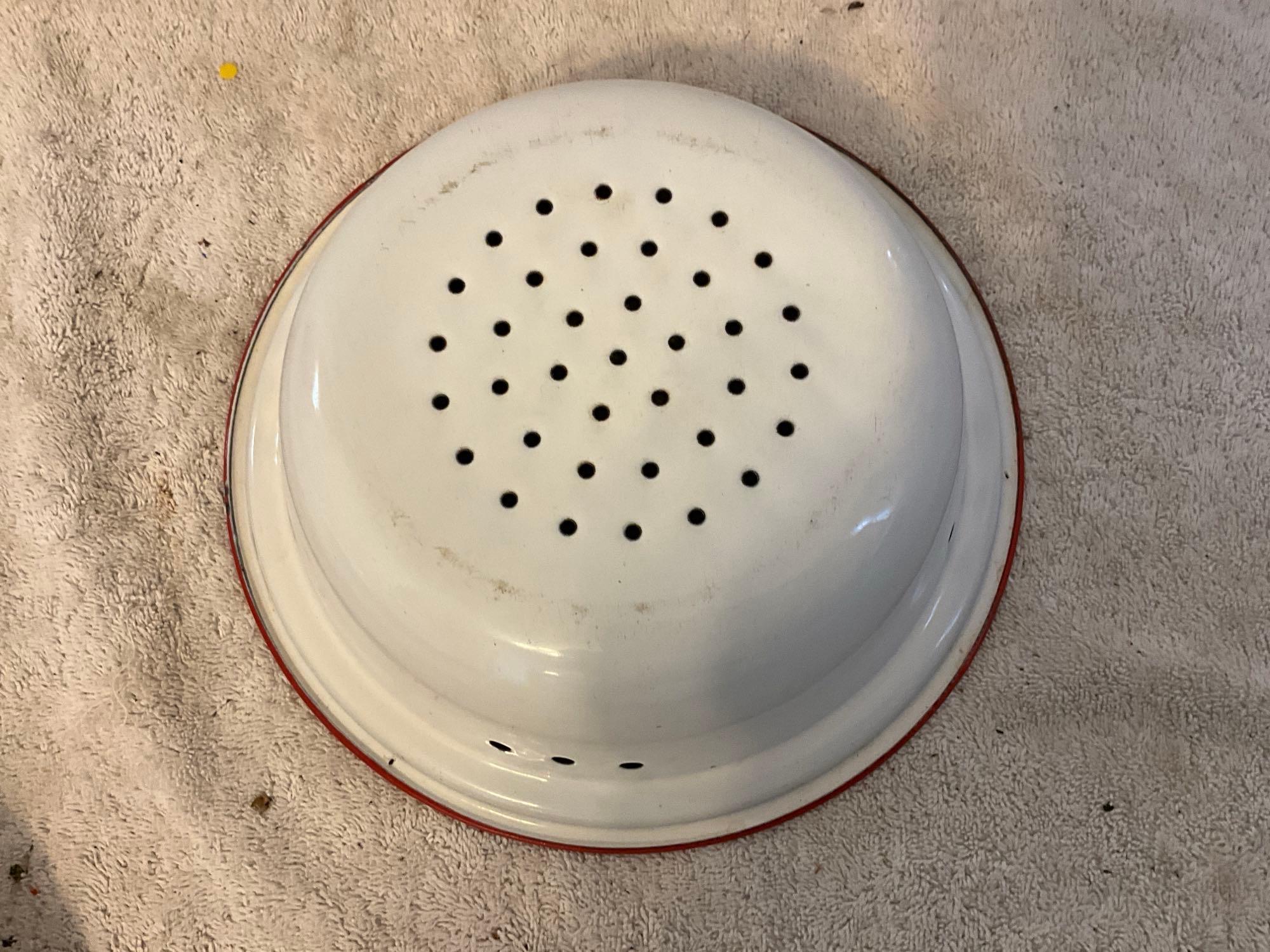 assortment of white w/red enamel skillet, plates, cups, & bowls