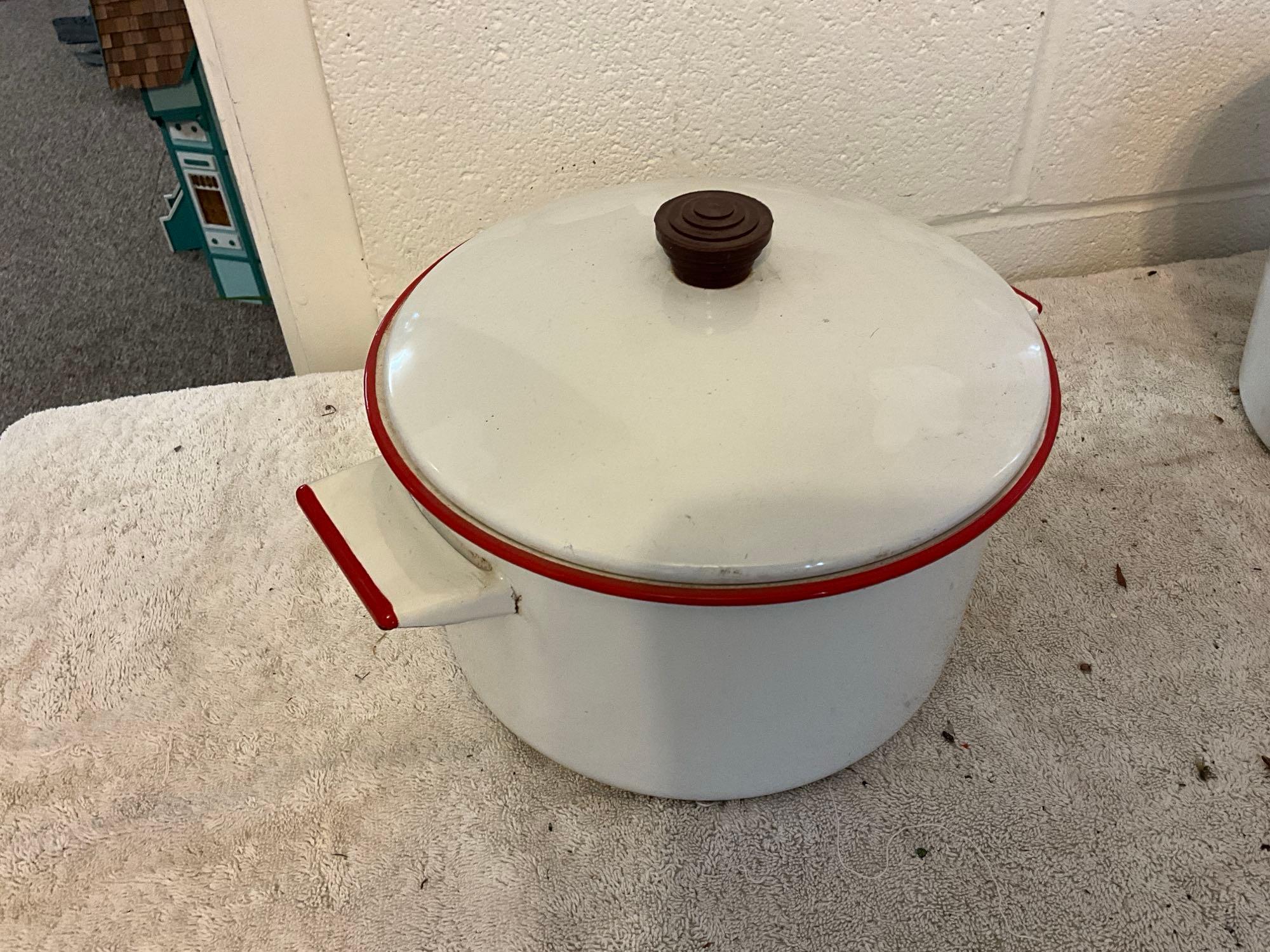 white w/red enamel stock pot & baled bucket