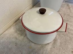 white w/red enamel stock pot & baled bucket