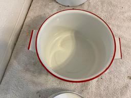 white w/red enamel stock pot & baled bucket