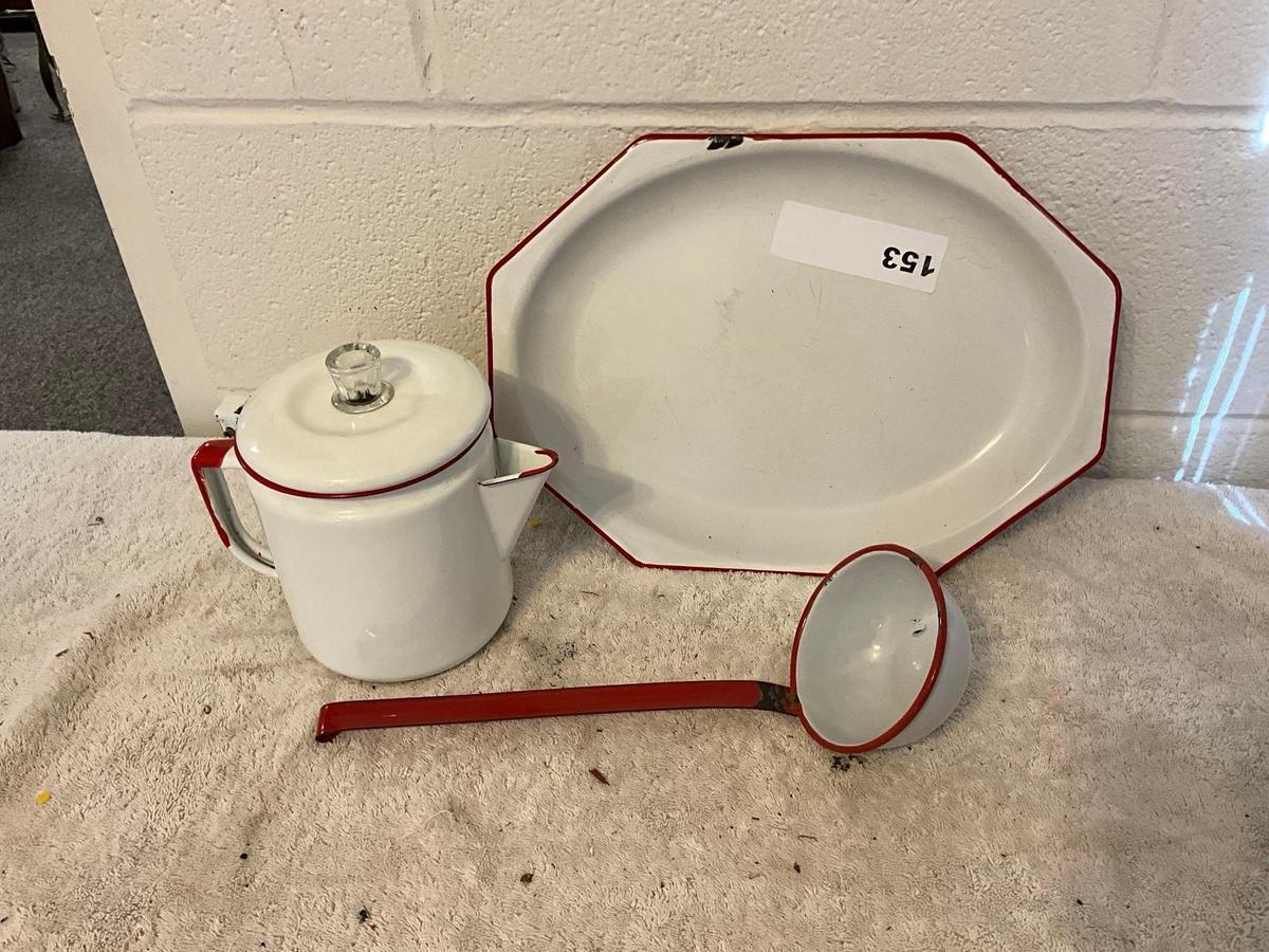 white w/red enamel ladle, percolator, & meat tray