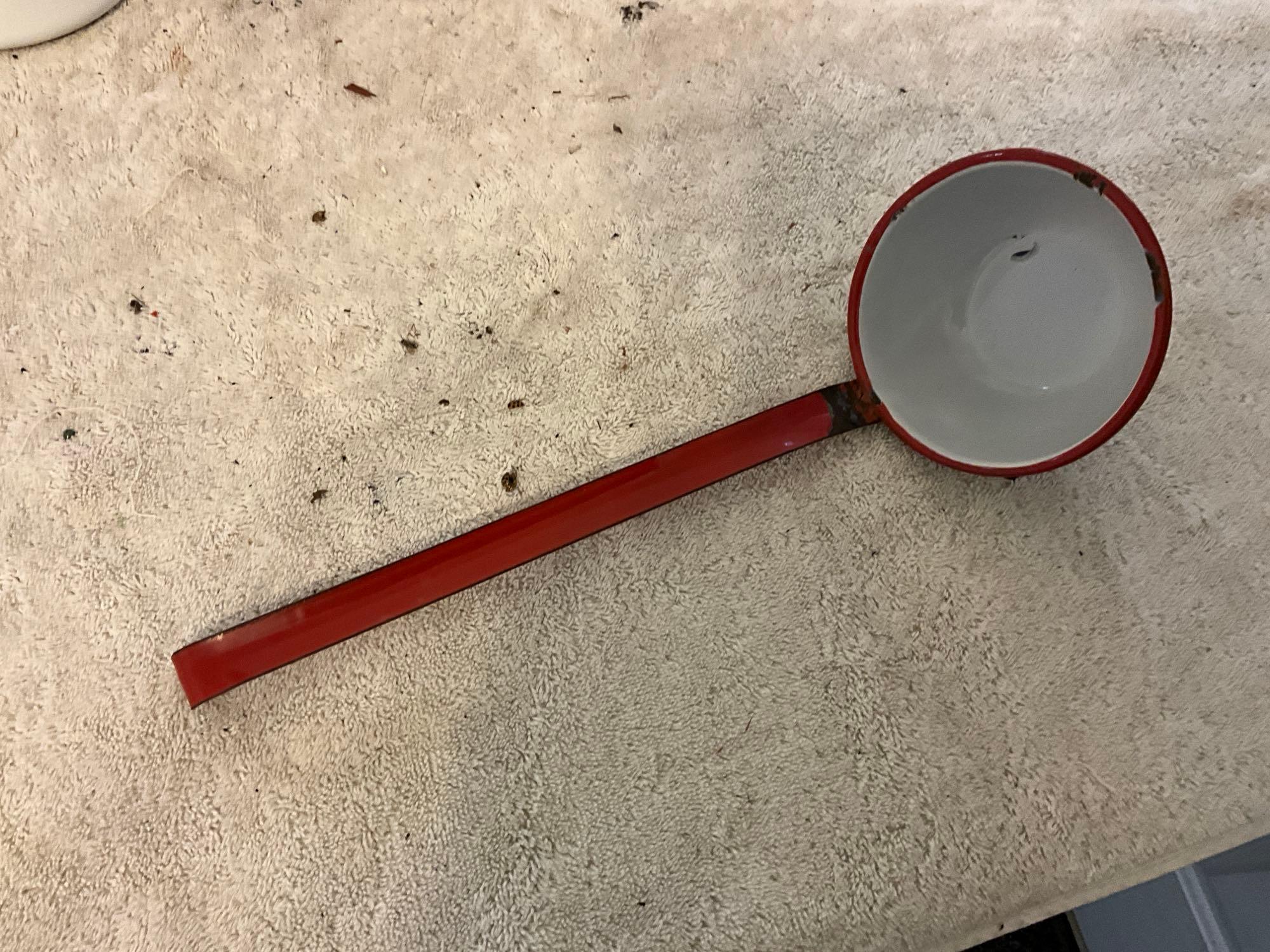 white w/red enamel ladle, percolator, & meat tray