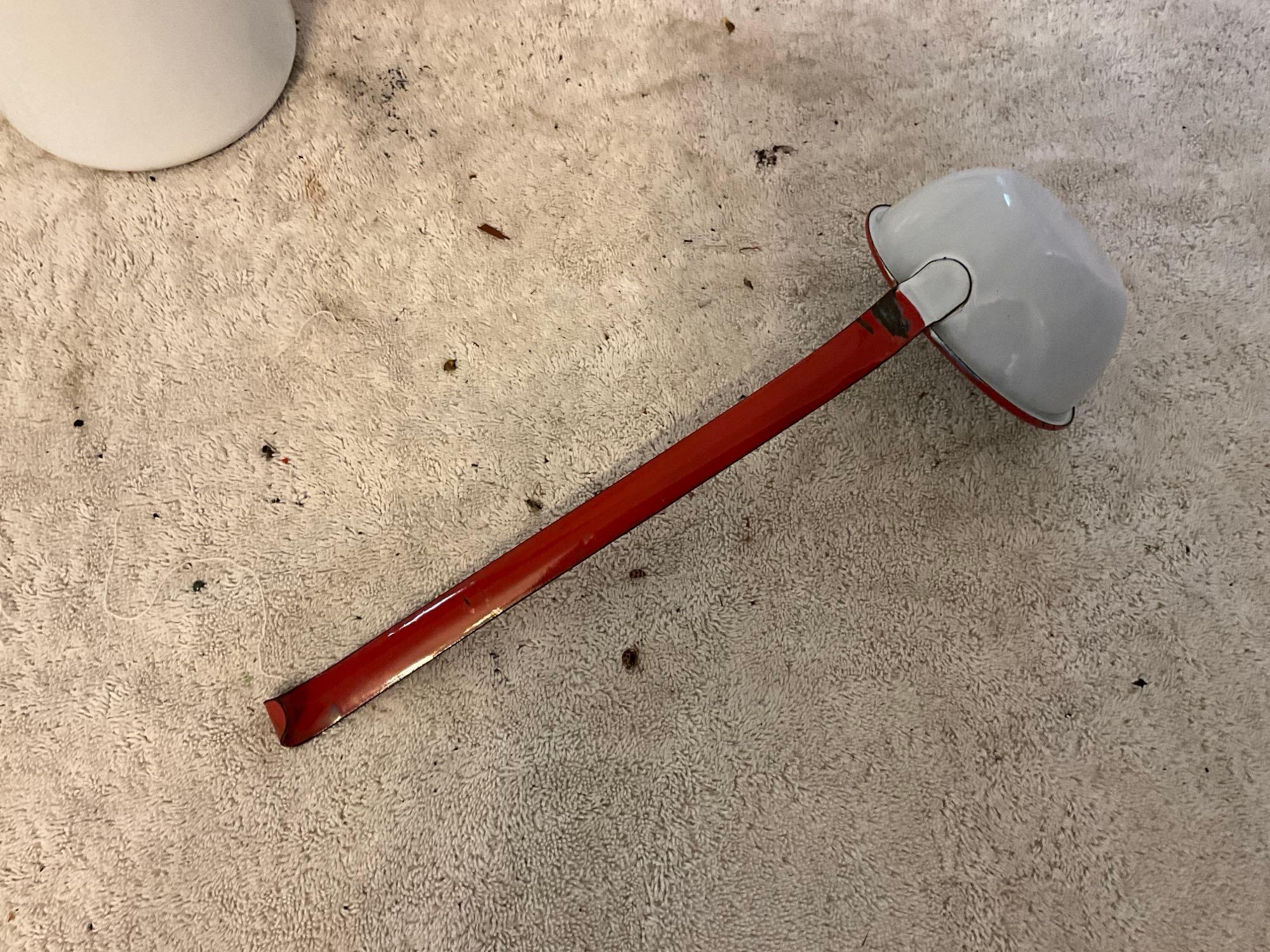 white w/red enamel ladle, percolator, & meat tray