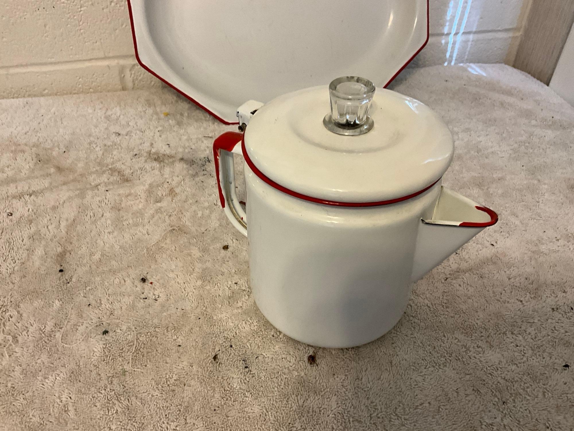 white w/red enamel ladle, percolator, & meat tray