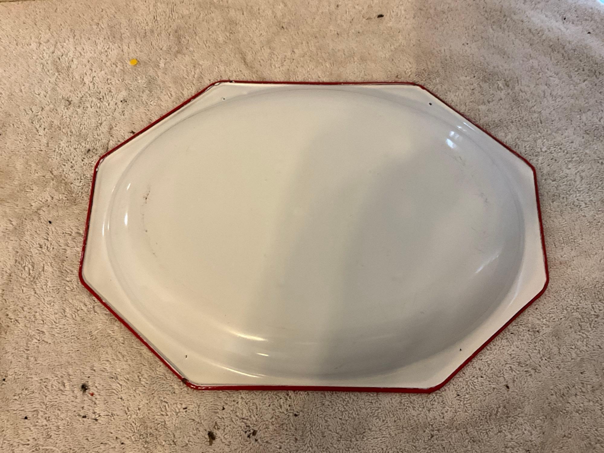 white w/red enamel ladle, percolator, & meat tray