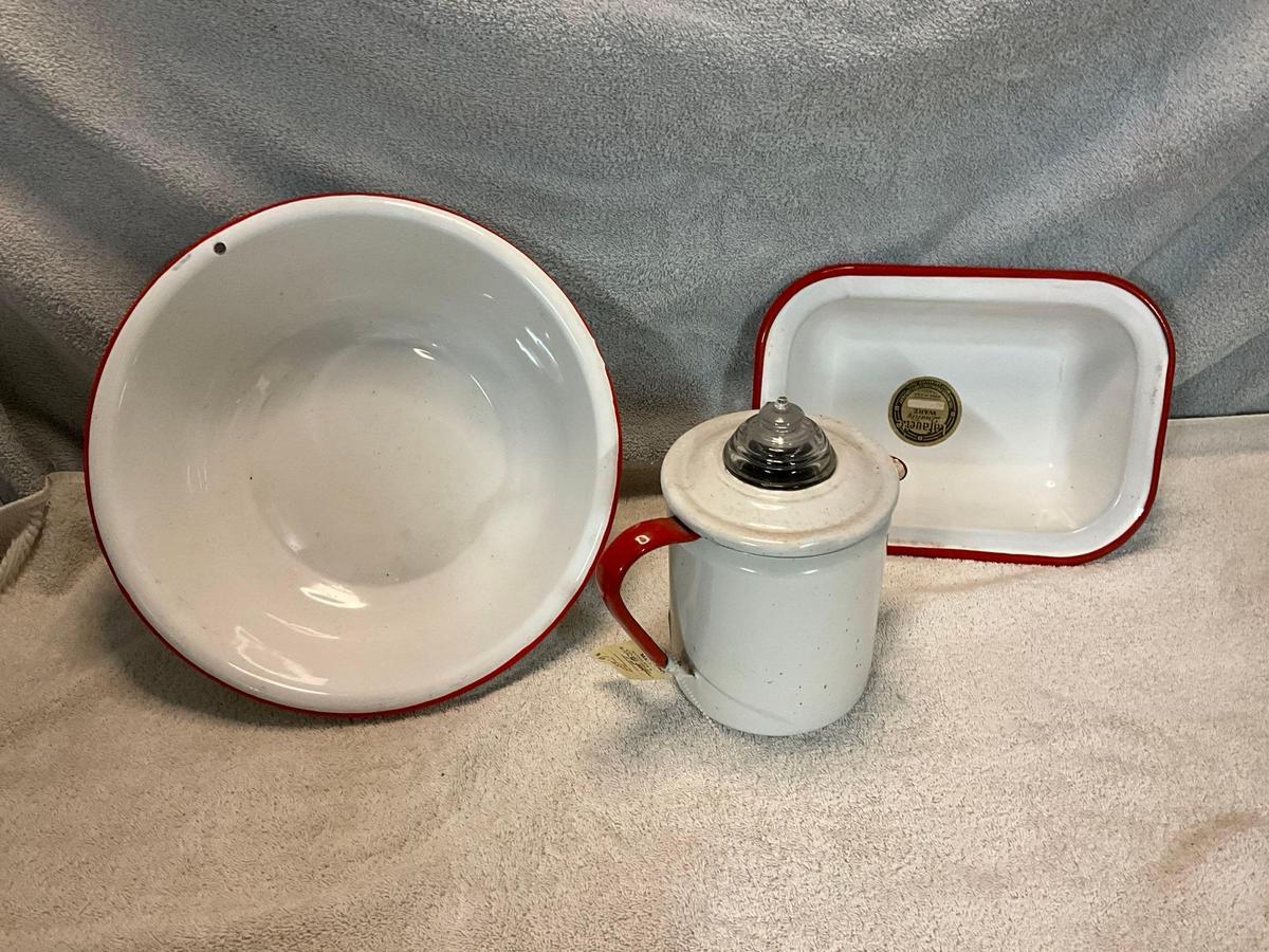 white w/red enamel sm. pan, lg. round pan, & sm percolator