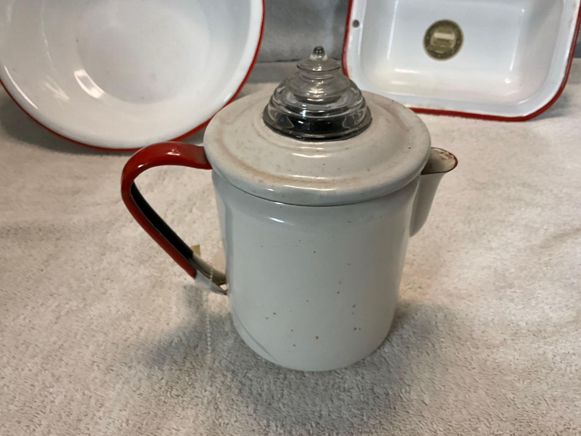 white w/red enamel sm. pan, lg. round pan, & sm percolator