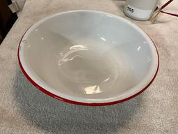 white w/red enamel sm. pan, lg. round pan, & sm percolator