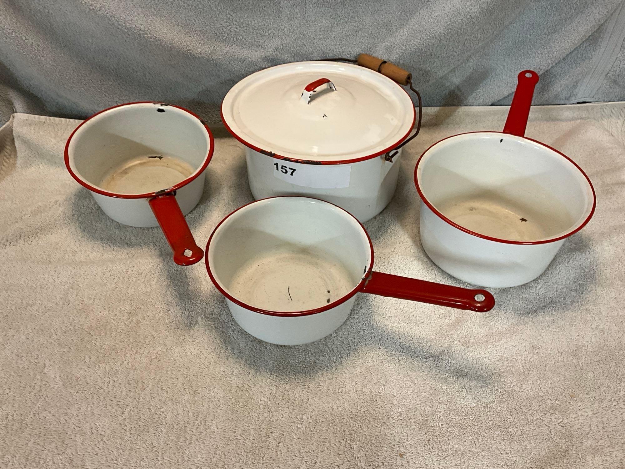 white w/red enamel to include (3) pans, bailed pot w/lid