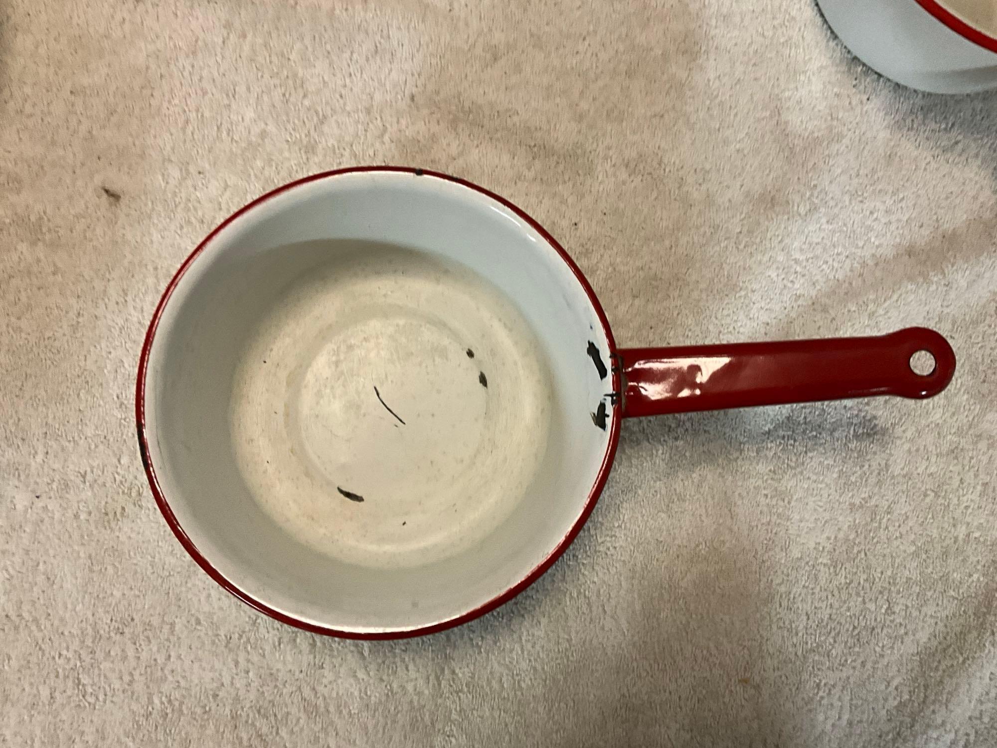 white w/red enamel to include (3) pans, bailed pot w/lid