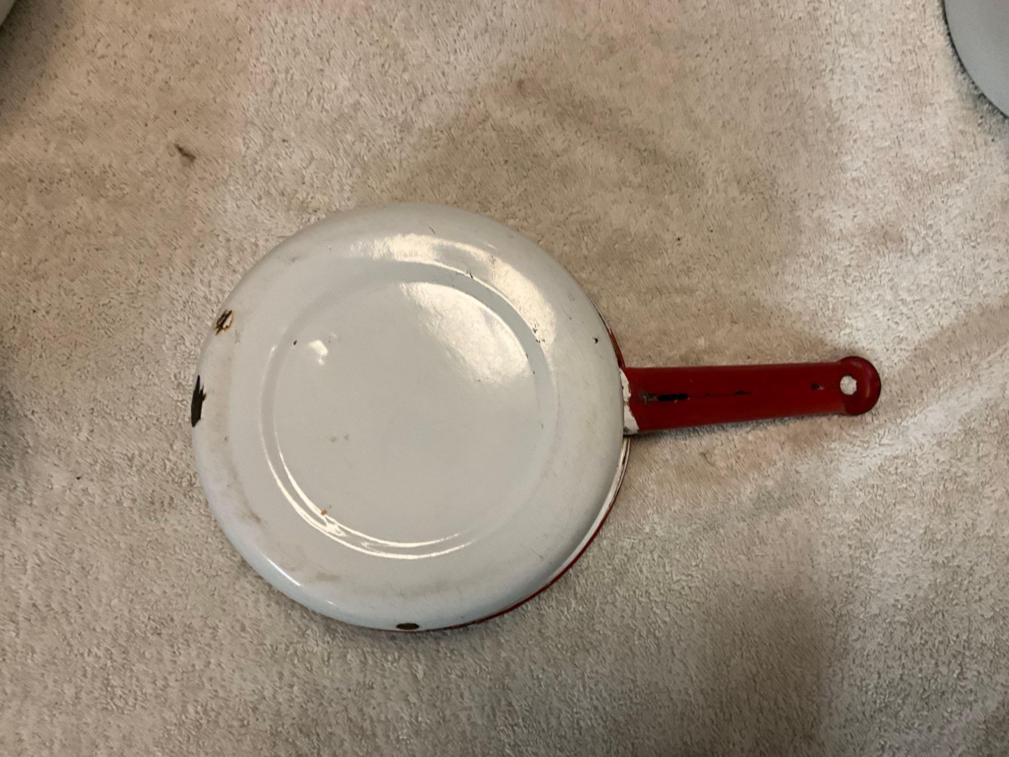 white w/red enamel to include (3) pans, bailed pot w/lid