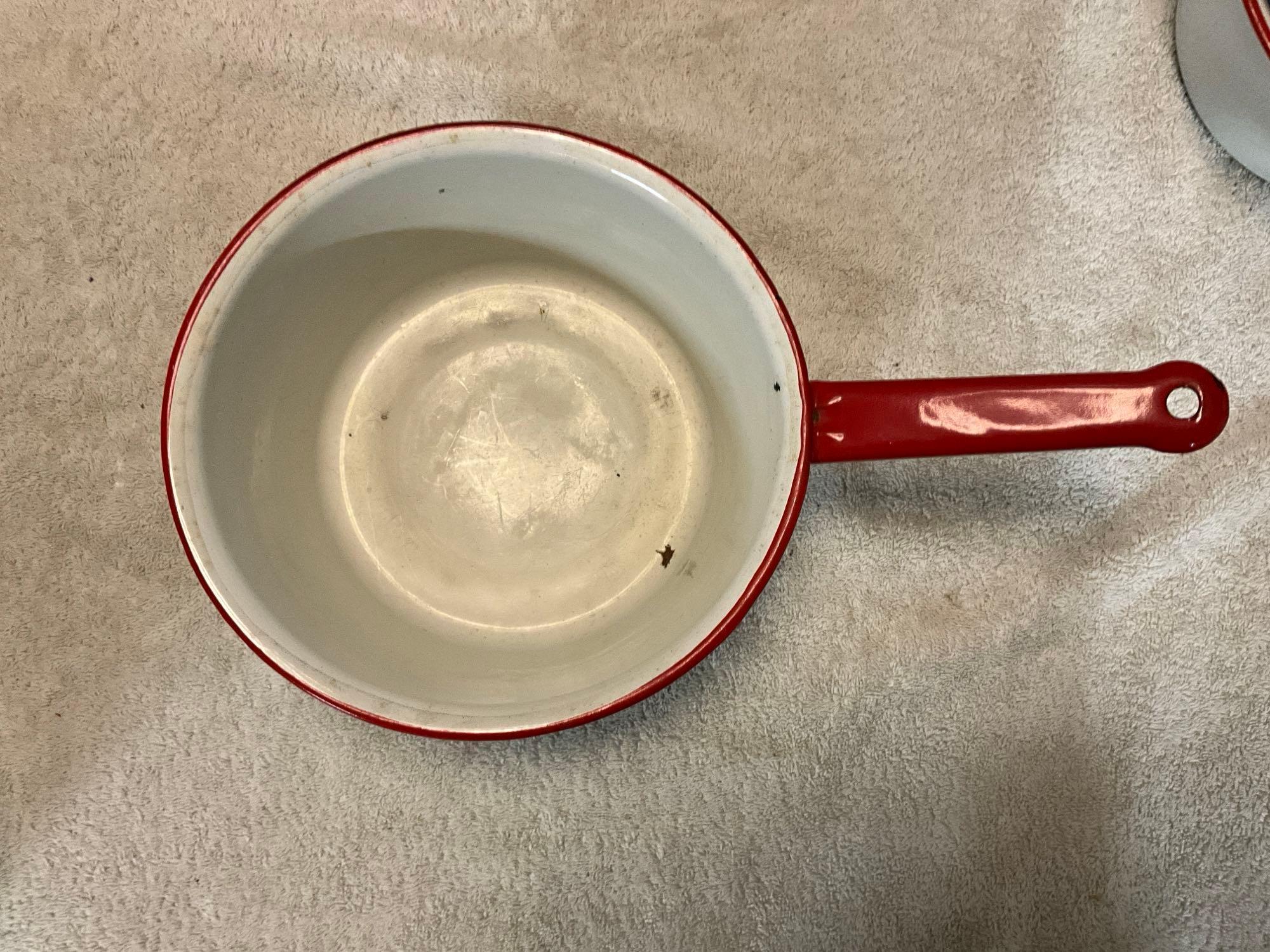 white w/red enamel to include (3) pans, bailed pot w/lid