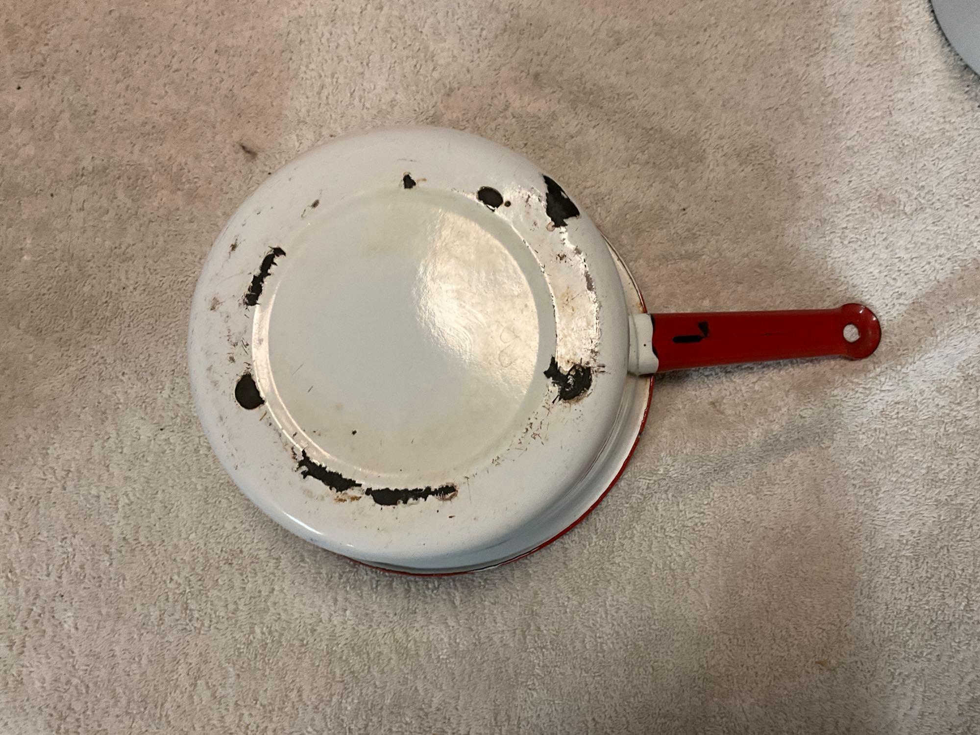 white w/red enamel to include (3) pans, bailed pot w/lid